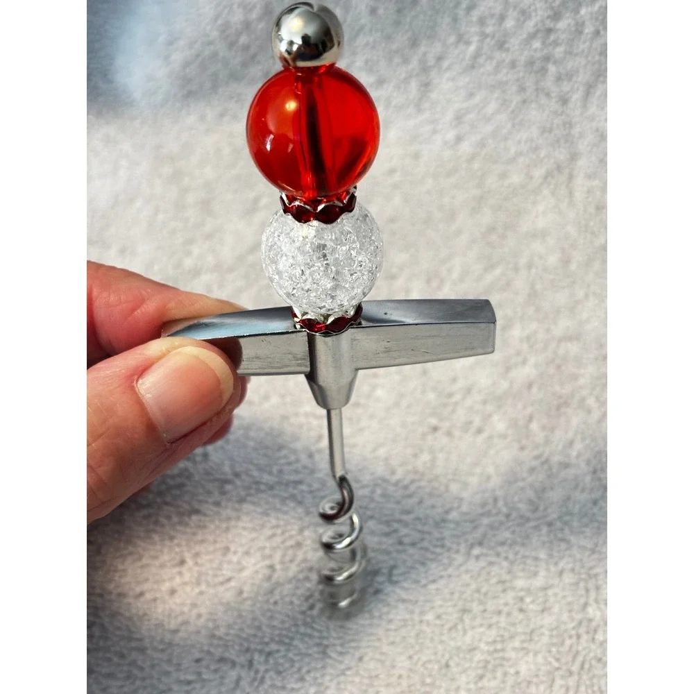 Handmade Beaded Bar Tool Set 3pc Red Silver Holiday Wine Stopper Bottle Opener
